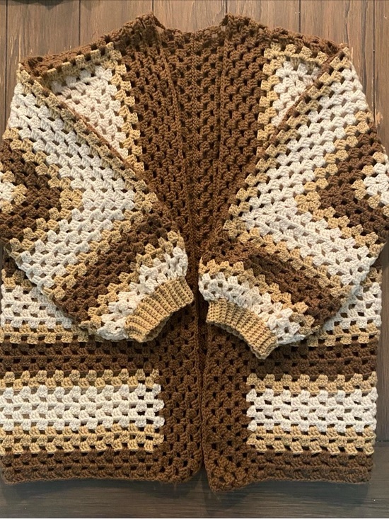 Hand Crafted Sweaters - Hand Crafted Brown, Cream & Tan Crochet Cardigan